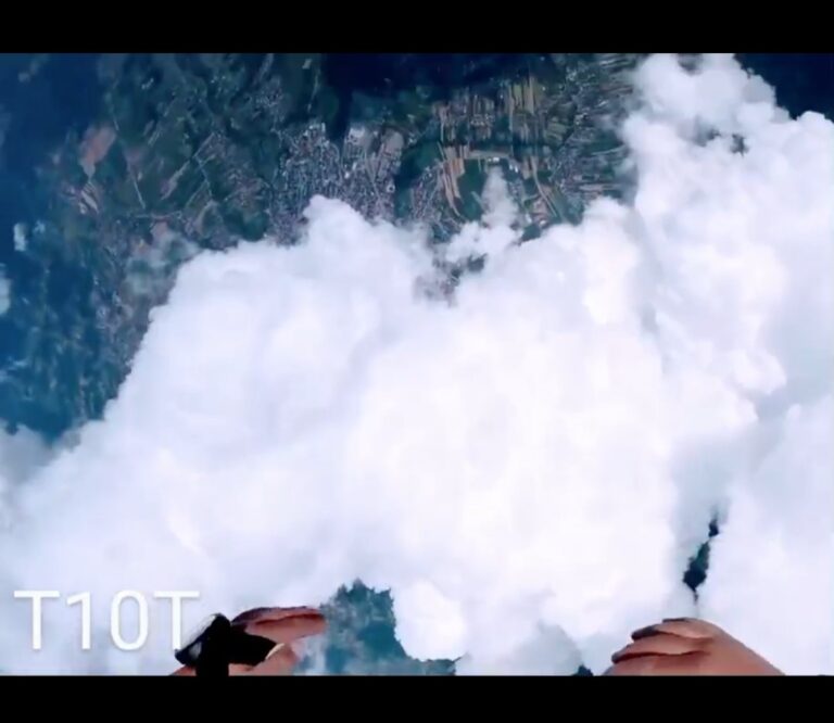 skydiving through the clouds